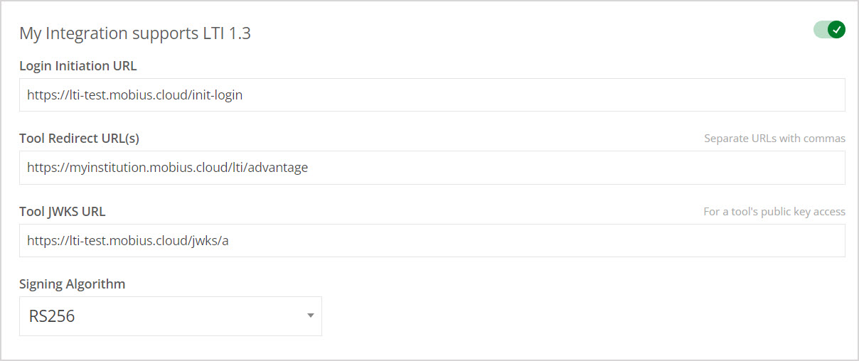 The My integration supports LTI 1.3 radio button is enabled, which shows the text fields.